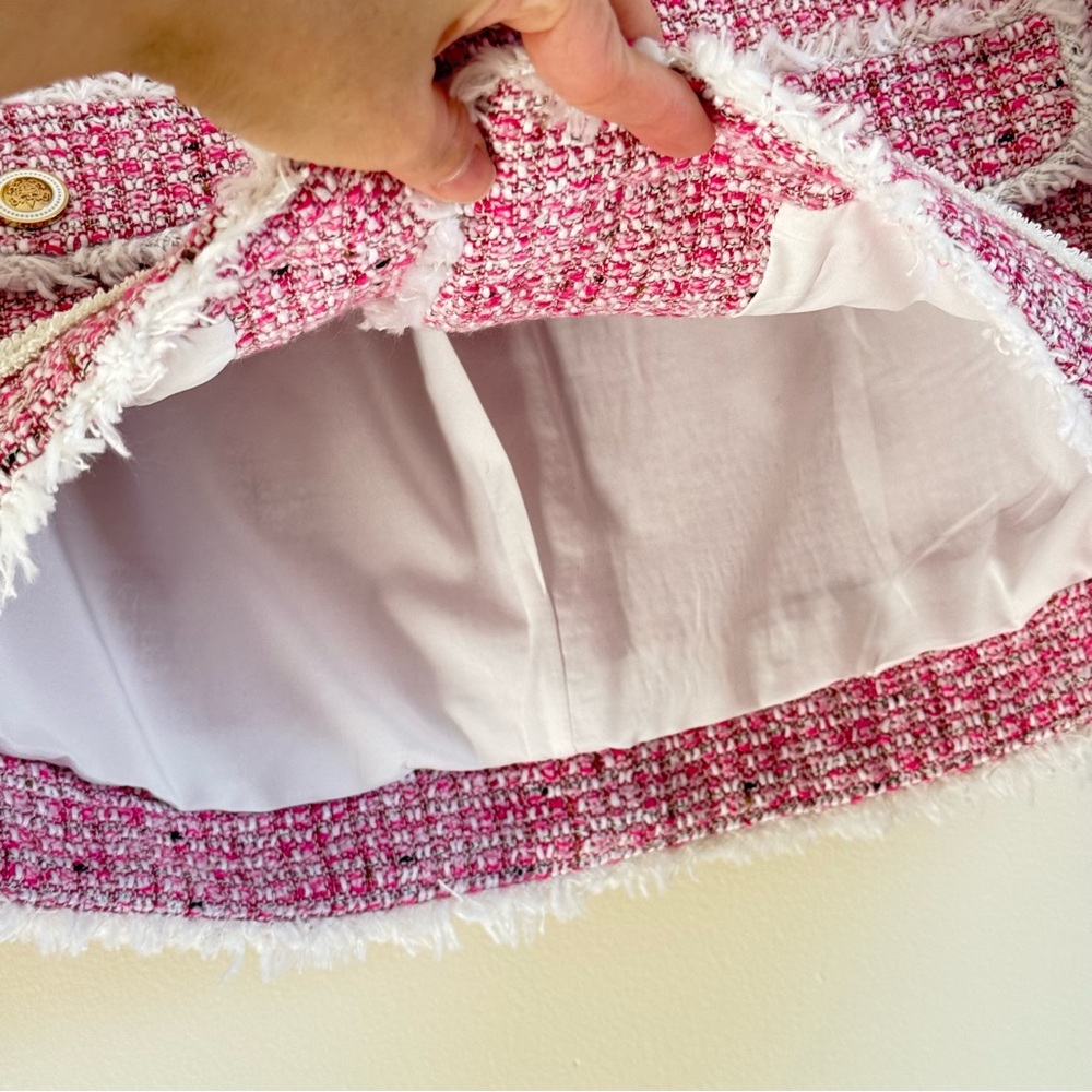 AQUA Women Tweed Blazer Jacket Pink Small Button Fringe Trim Metallic Business - Picture 11 of 16